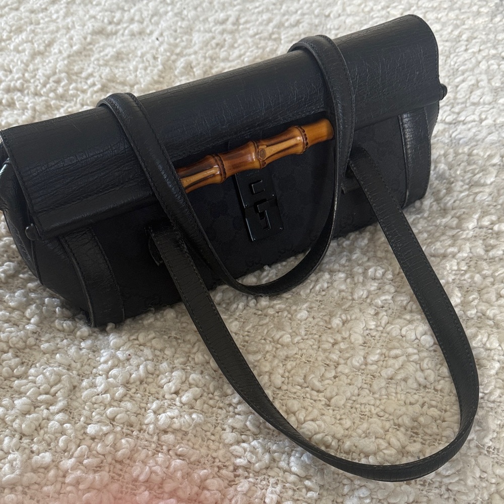 Gucci Black Bullet Shoulder Bag with Bamboo Accent